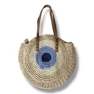 MadeFourYou Khaki Large Circle Round Tote Bag W Brown Straps